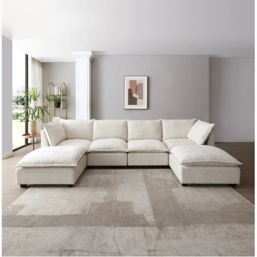 LuxeCasa™ Modular Linen Sectional + Convertible Ottoman (130″ U-Shape)