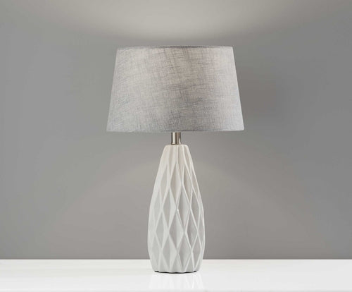 White Ceramic Bedside Lamps – Gray Drum Shades (Set of 2, 23″)