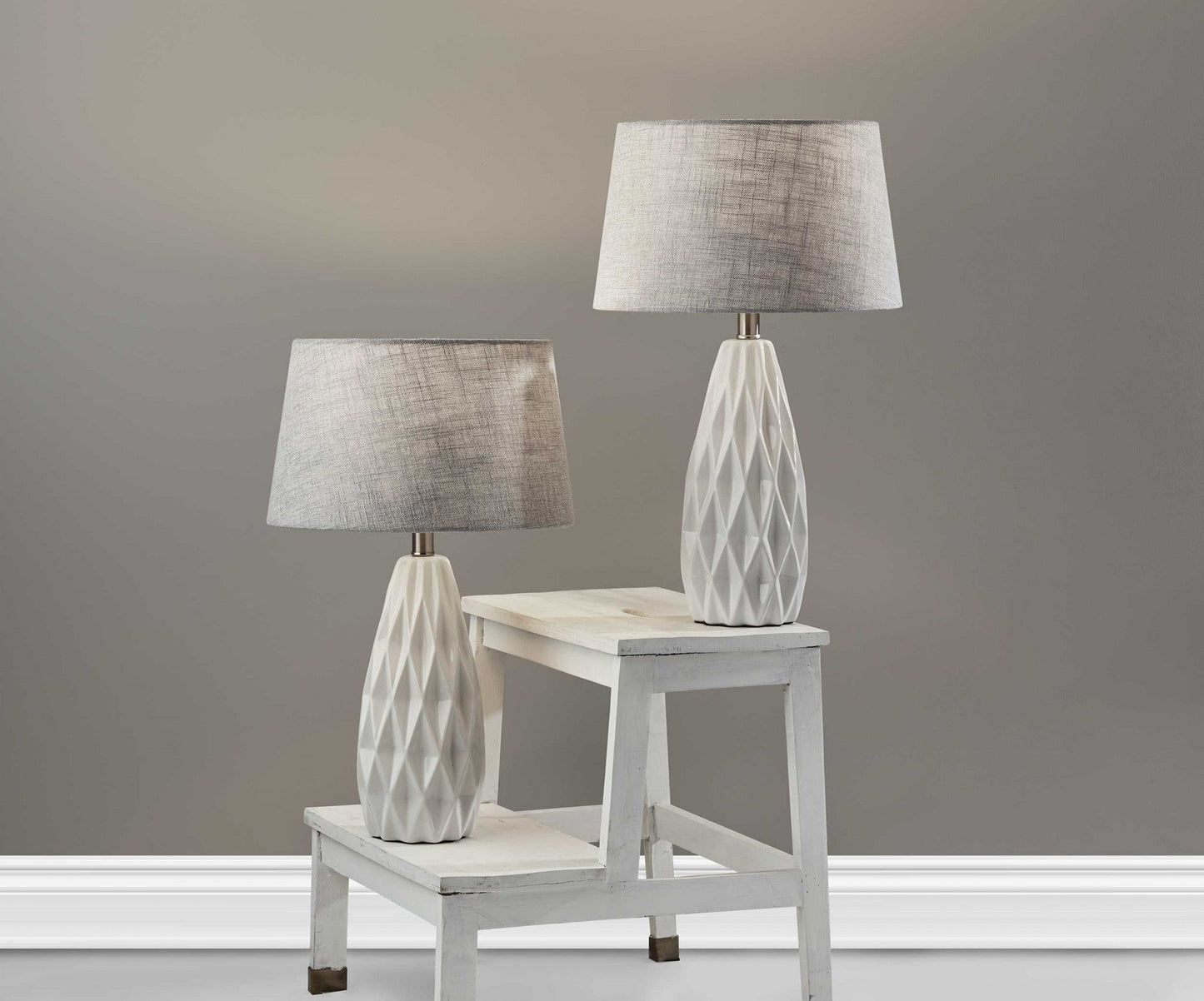 White Ceramic Bedside Lamps – Gray Drum Shades (Set of 2, 23″)