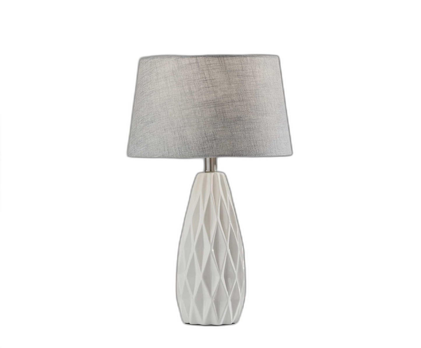White Ceramic Bedside Lamps – Gray Drum Shades (Set of 2, 23″)