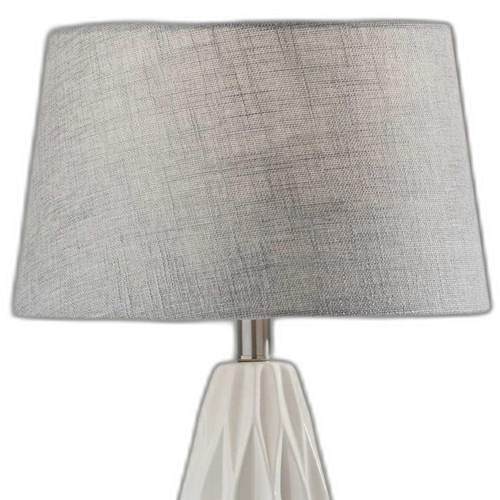 White Ceramic Bedside Lamps – Gray Drum Shades (Set of 2, 23″)