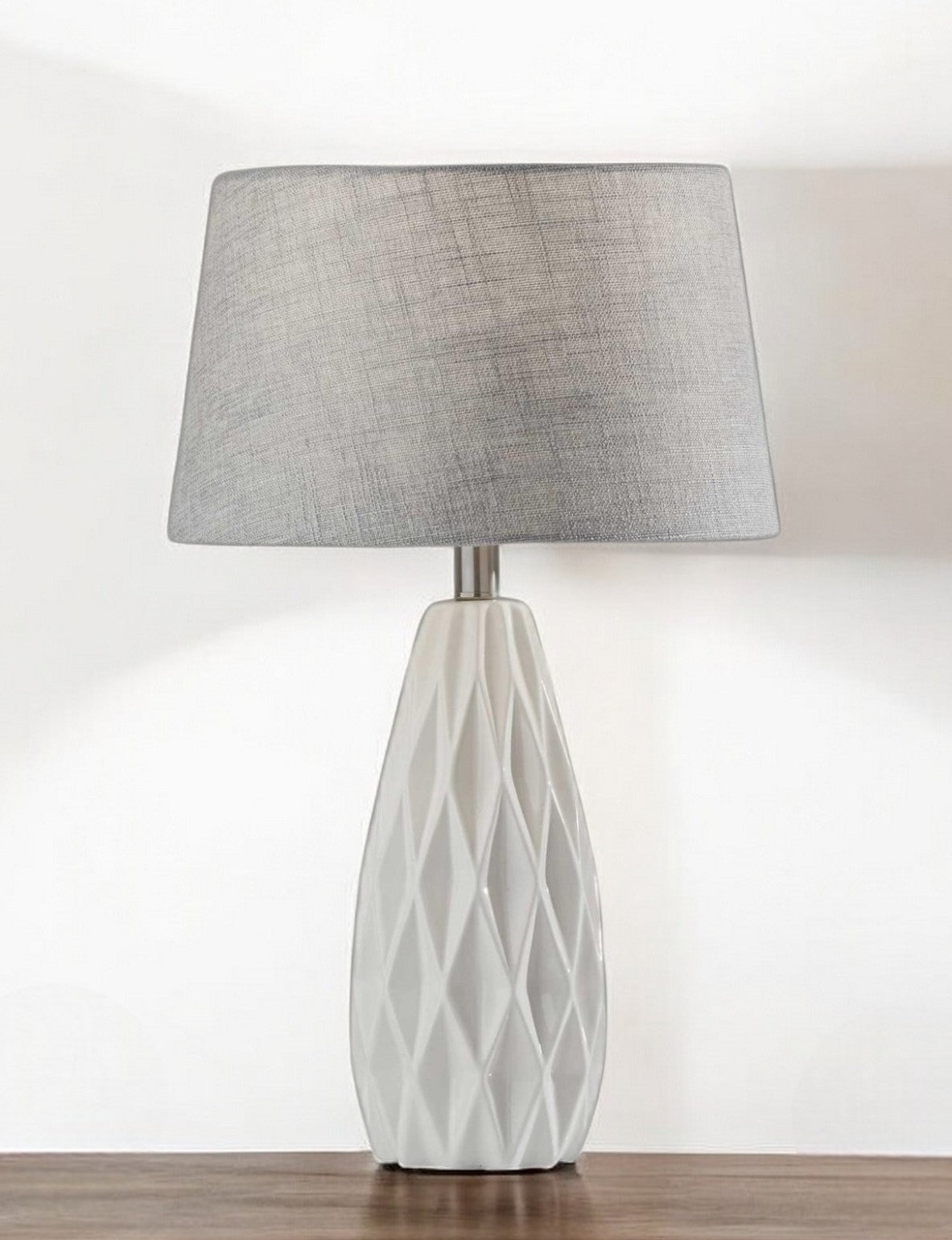 White Ceramic Bedside Lamps – Gray Drum Shades (Set of 2, 23″)
