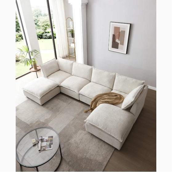 LuxeCasa™ Modular Linen Sectional + Convertible Ottoman (130″ U-Shape)