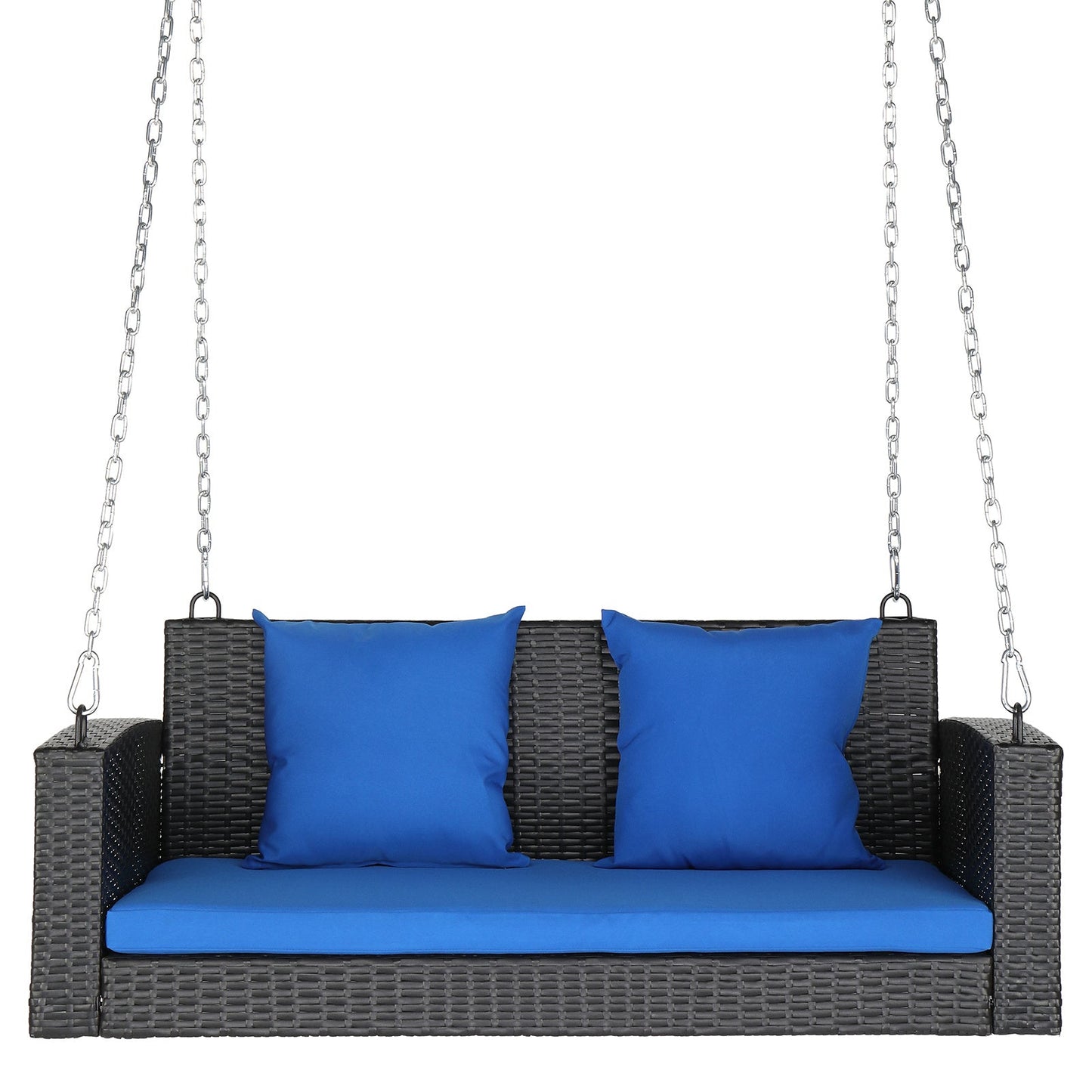 SolunaSwing™ 4-ft Black Rattan Hanging Chair – Blue Cushions