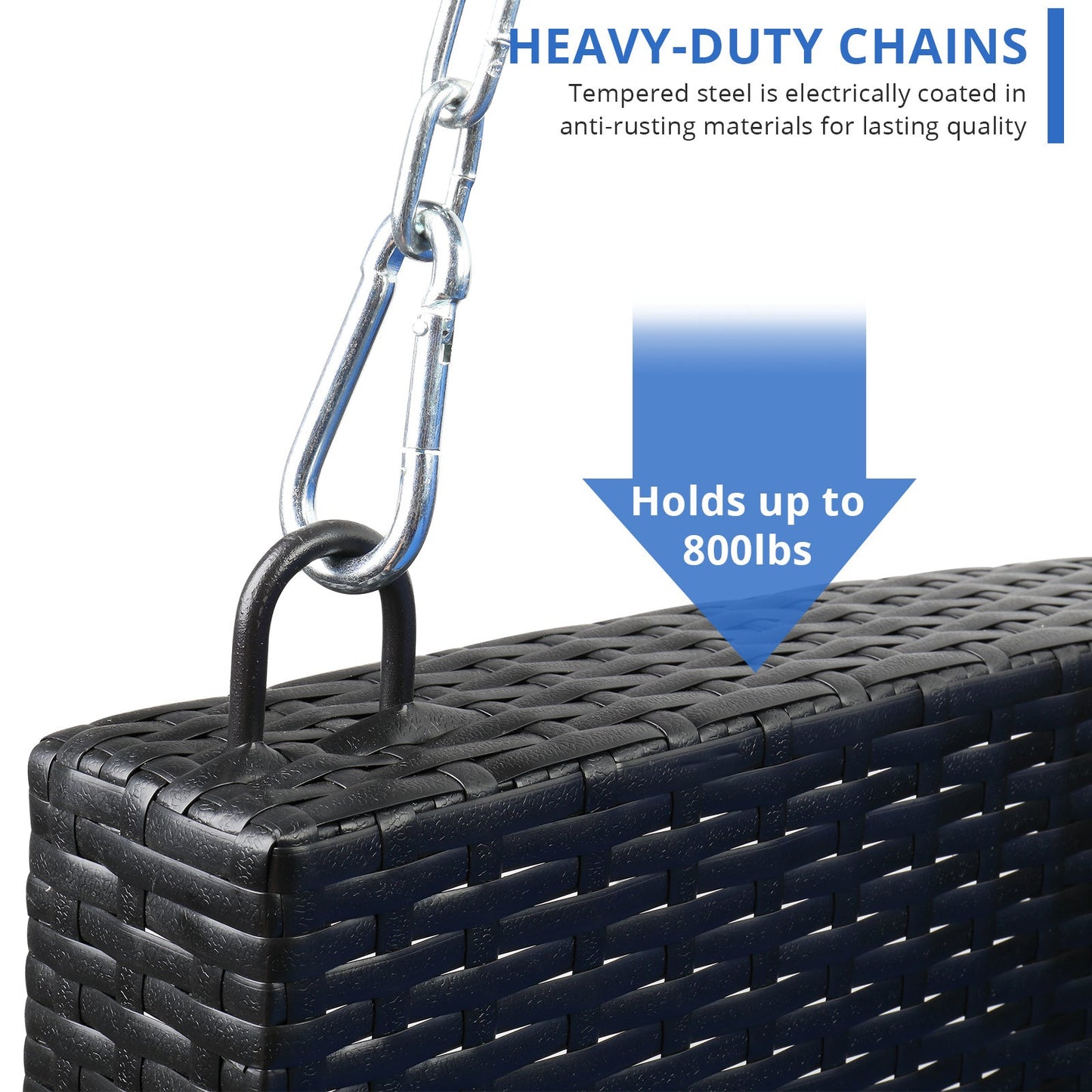 SolunaSwing™ 4-ft Black Rattan Hanging Chair – Blue Cushions