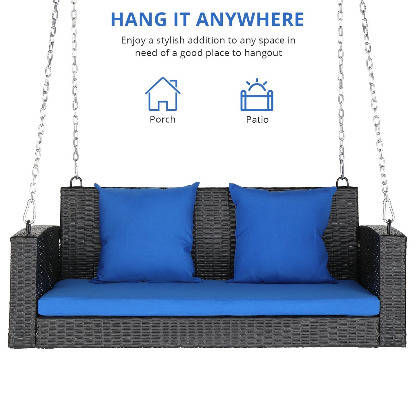 SolunaSwing™ 4-ft Black Rattan Hanging Chair – Blue Cushions