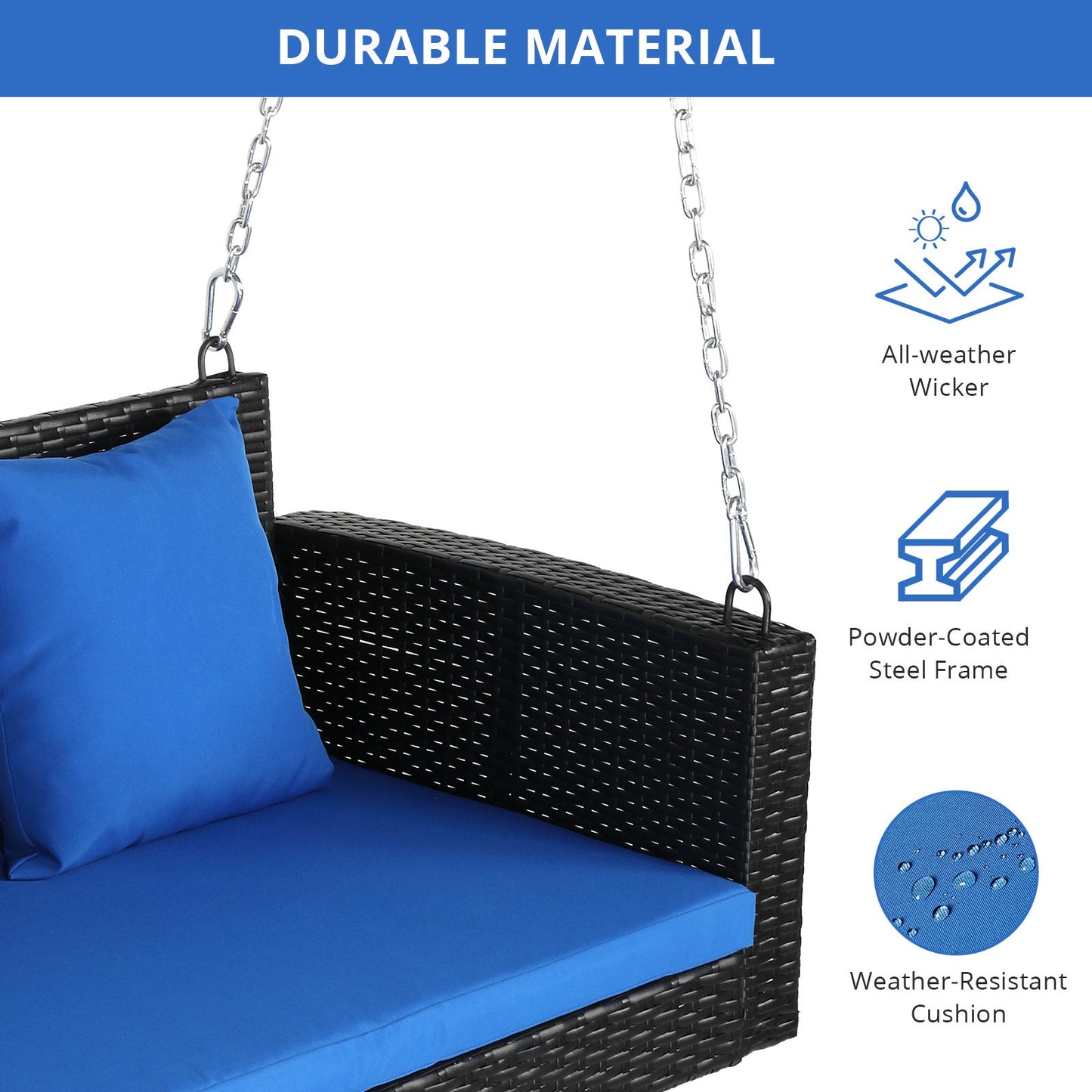 SolunaSwing™ 4-ft Black Rattan Hanging Chair – Blue Cushions