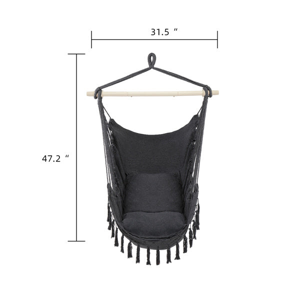 LuneluX Boho Hanging Chair – Gray Fringe + Cushions