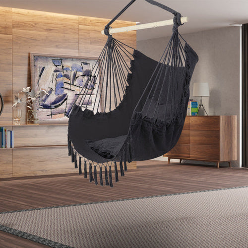 LuneluX Boho Hanging Chair – Gray Fringe + Cushions