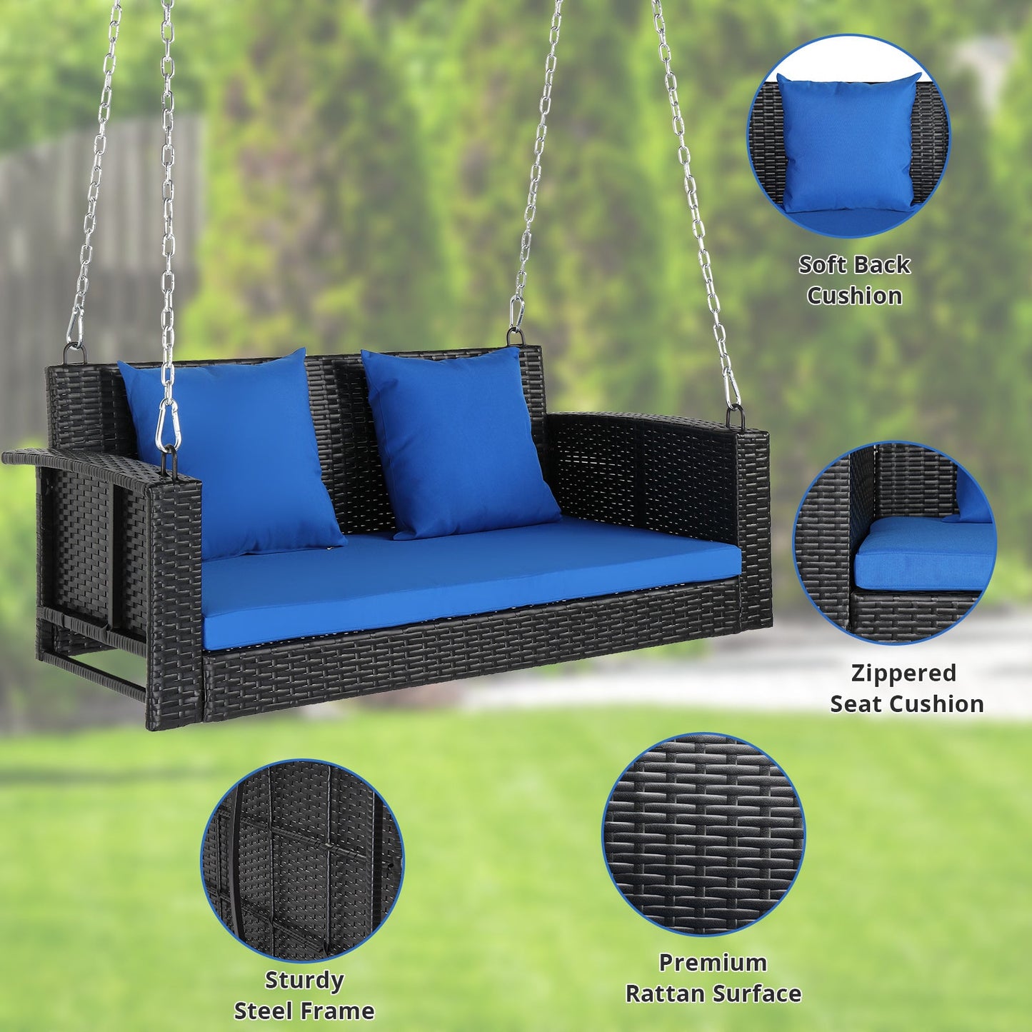 SolunaSwing™ 4-ft Black Rattan Hanging Chair – Blue Cushions