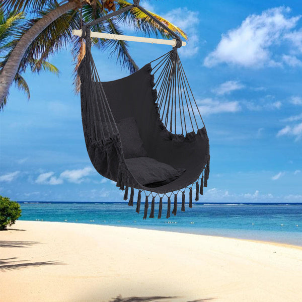 LuneluX Boho Hanging Chair – Gray Fringe + Cushions