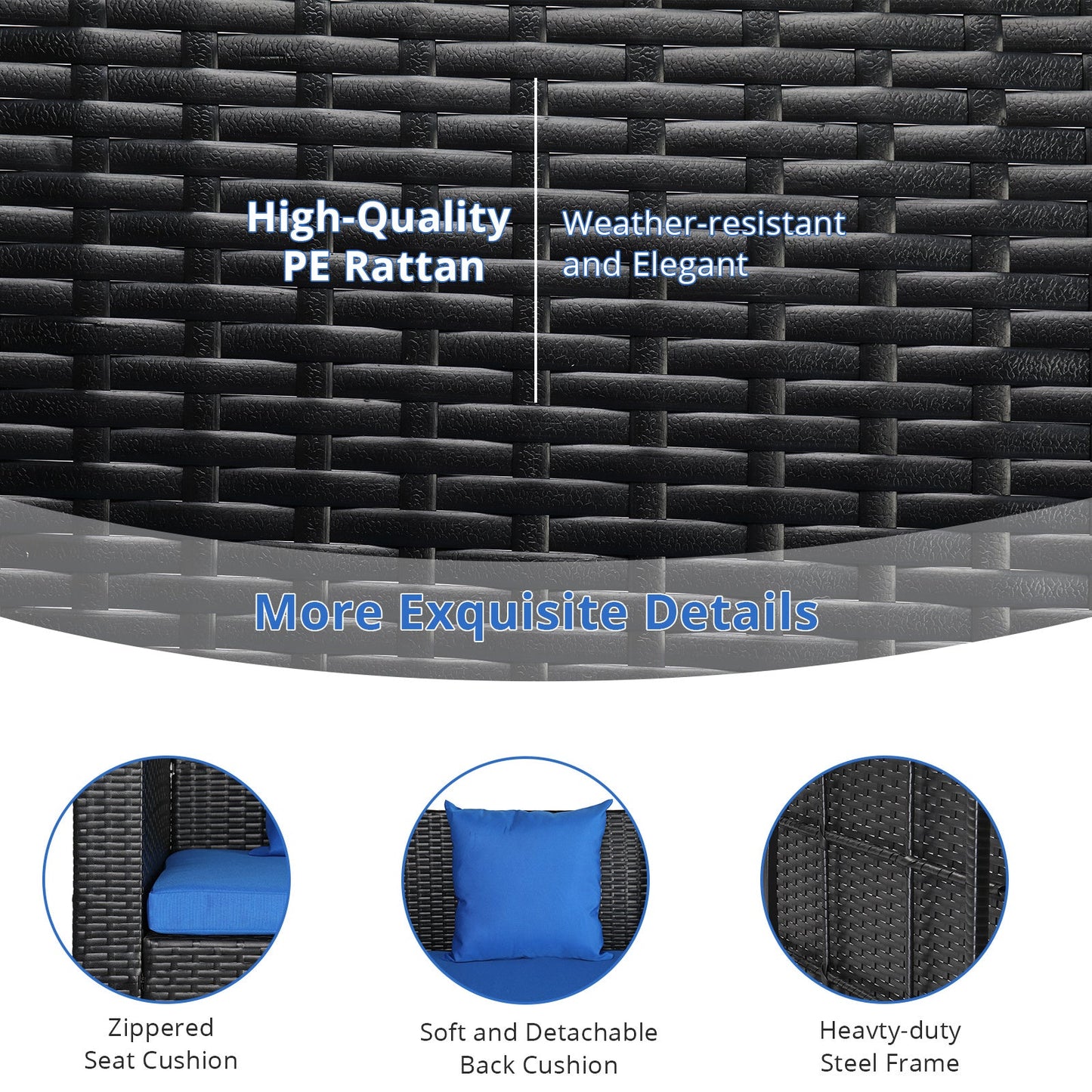 SolunaSwing™ 4-ft Black Rattan Hanging Chair – Blue Cushions