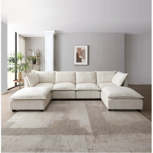LuxeCasa™ Modular Linen Sectional + Convertible Ottoman (130″ U-Shape)