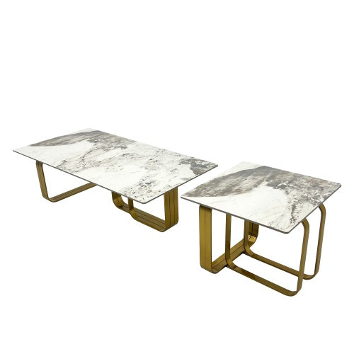 Modern Sintered-Stone Coffee Table Set – Gold Frame (2 Pc)