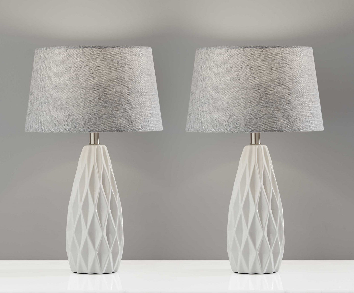 White Ceramic Bedside Lamps – Gray Drum Shades (Set of 2, 23″)