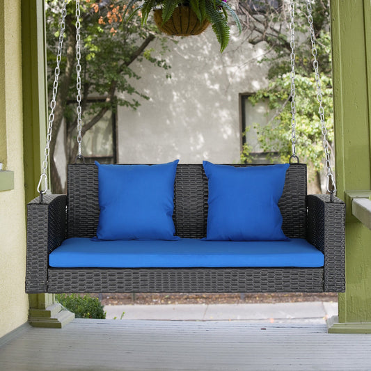 SolunaSwing™ 4-ft Black Rattan Hanging Chair – Blue Cushions