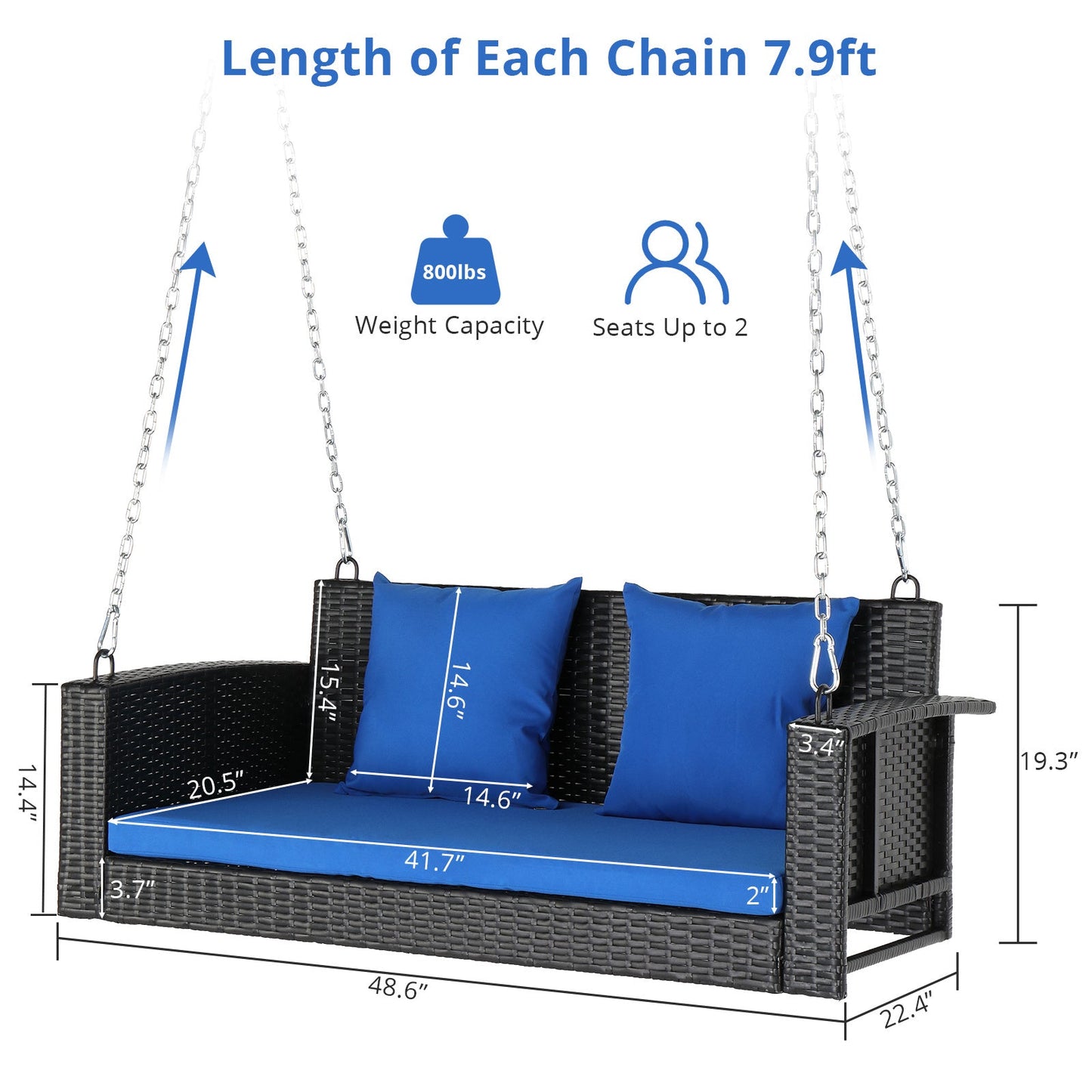 SolunaSwing™ 4-ft Black Rattan Hanging Chair – Blue Cushions