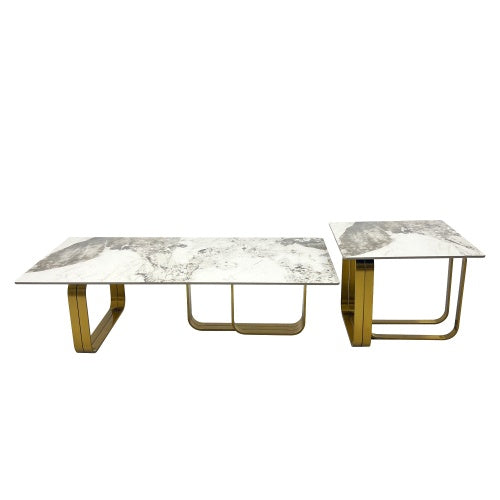Modern Sintered-Stone Coffee Table Set – Gold Frame (2 Pc)