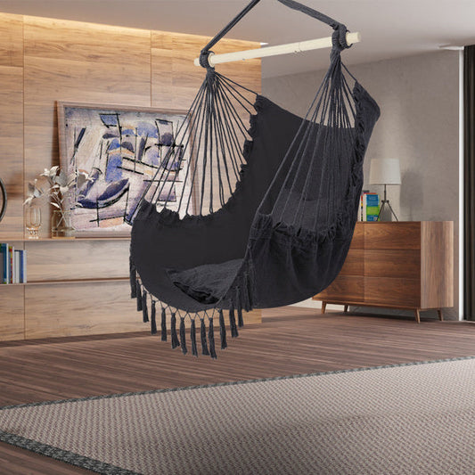 LuneluX Boho Hanging Chair – Gray Fringe + Cushions