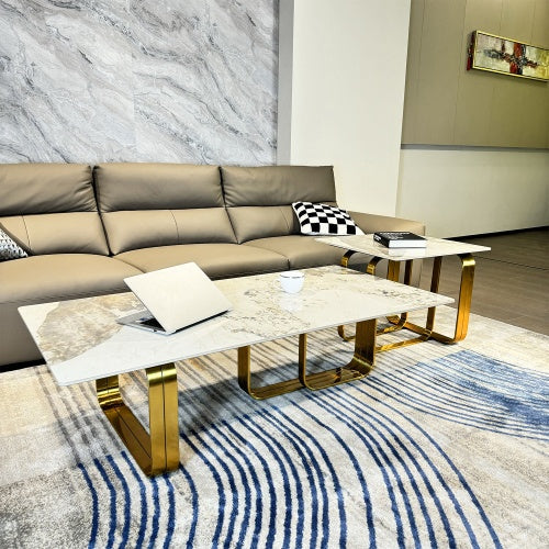 Modern Sintered-Stone Coffee Table Set – Gold Frame (2 Pc)