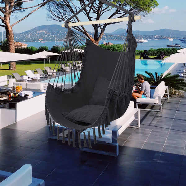 LuneluX Boho Hanging Chair – Gray Fringe + Cushions