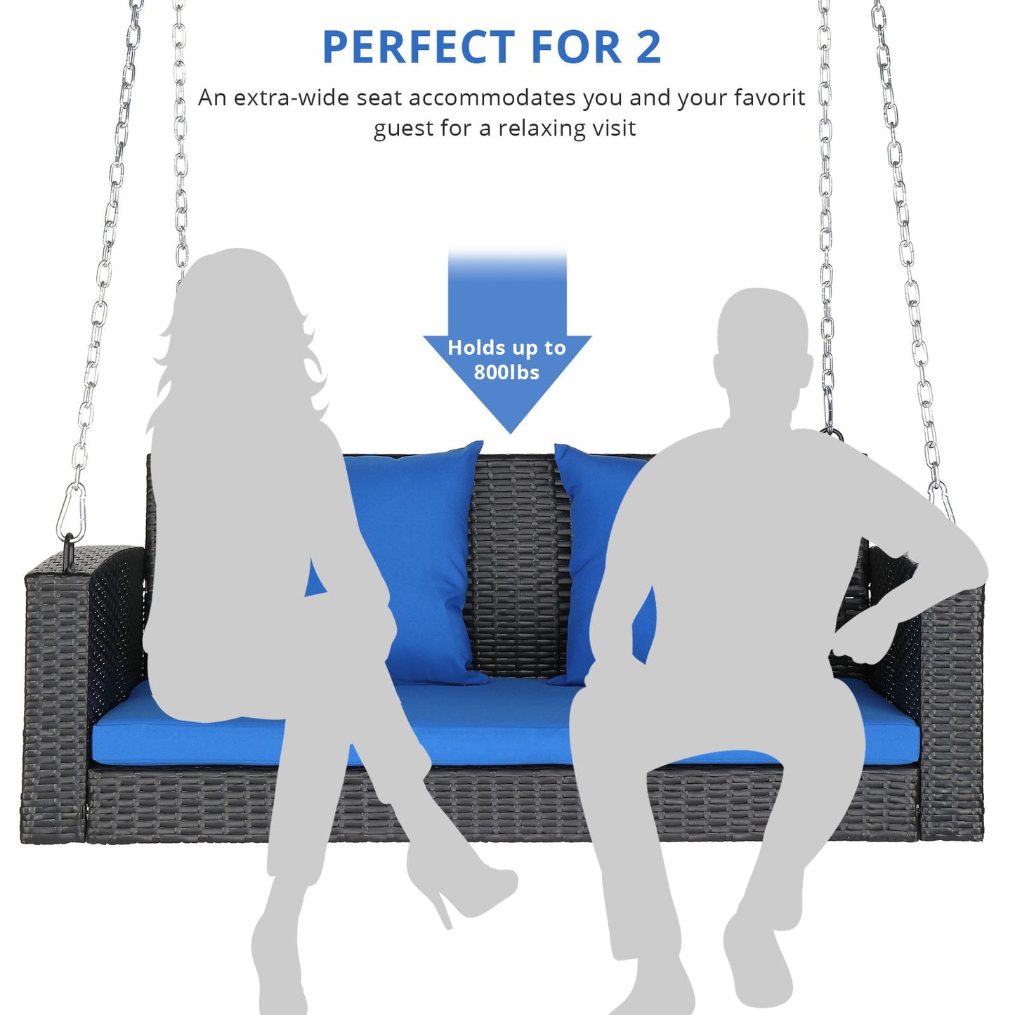 SolunaSwing™ 4-ft Black Rattan Hanging Chair – Blue Cushions