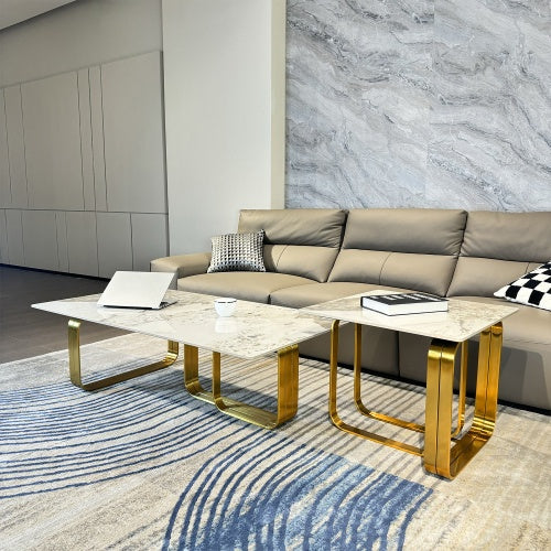 Modern Sintered-Stone Coffee Table Set – Gold Frame (2 Pc)